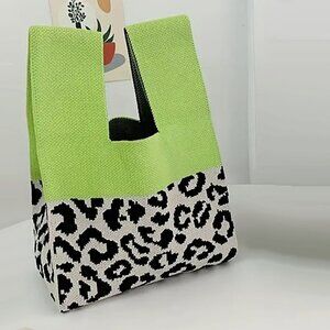 Leopard Pattern Colorblock Small Knit Tote Bag